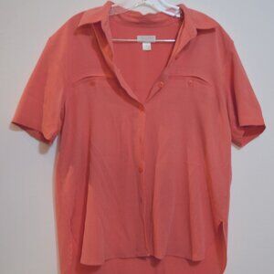 Christopher & Banks Rayon-Poly Red Textured Button-Down Short Sleeves Shirt S